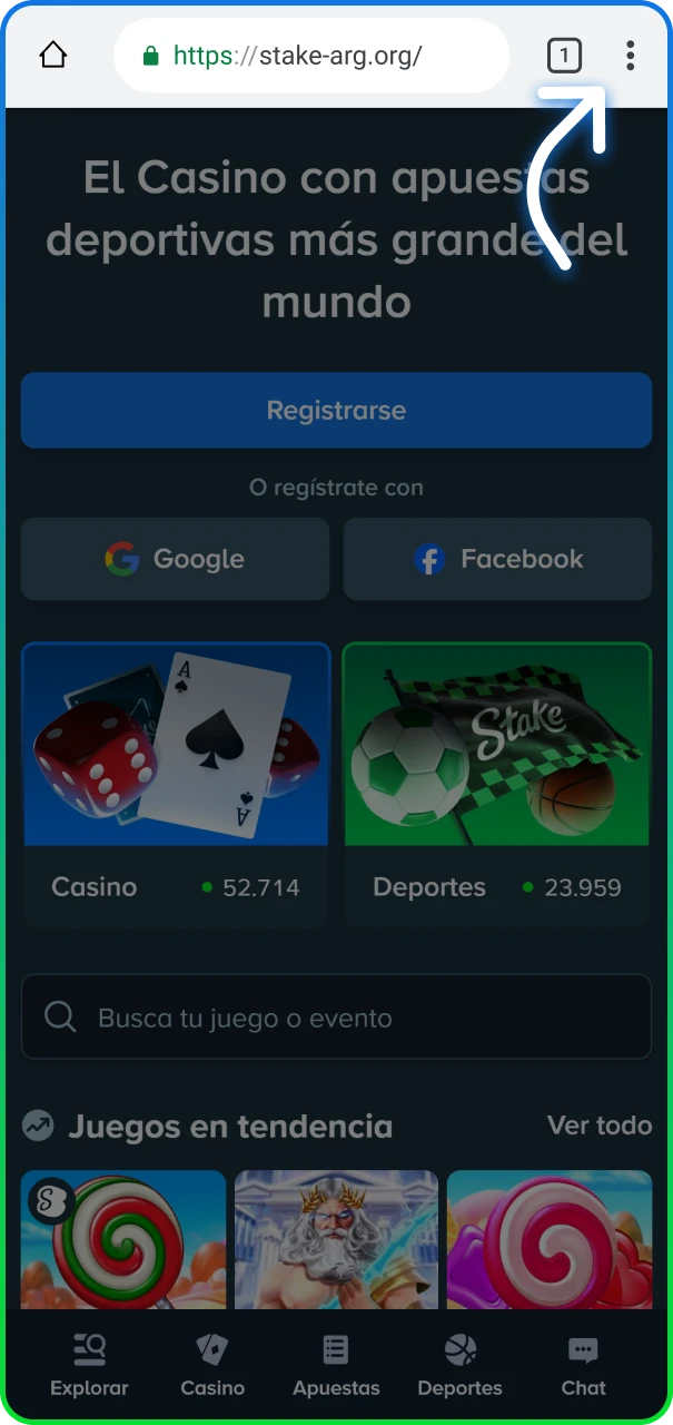 Localización de las opciones de descarga en el sitio oficial de Stake.