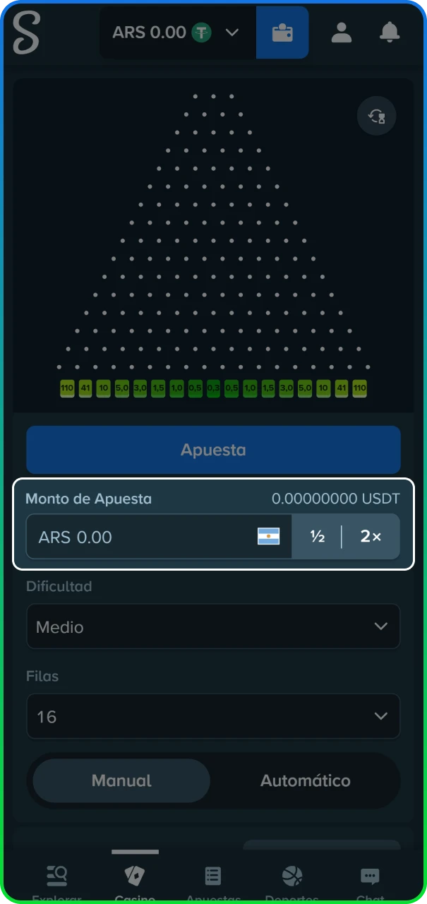 Ajuste del monto y nivel de riesgo en el sitio oficial de Stake Argentina.