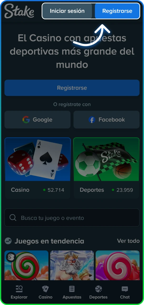 Acceso al portal de creación de nuevos usuarios en el sitio oficial de Stake.